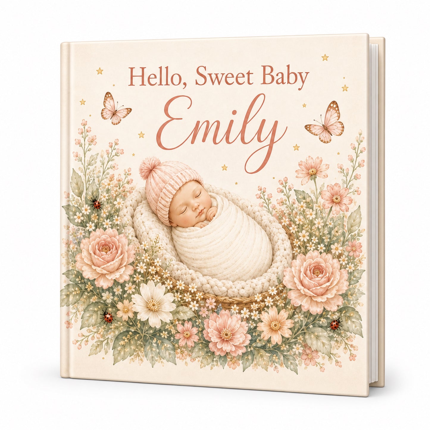 Hello Sweet Baby personalized newborn keepsake book mockup on white background