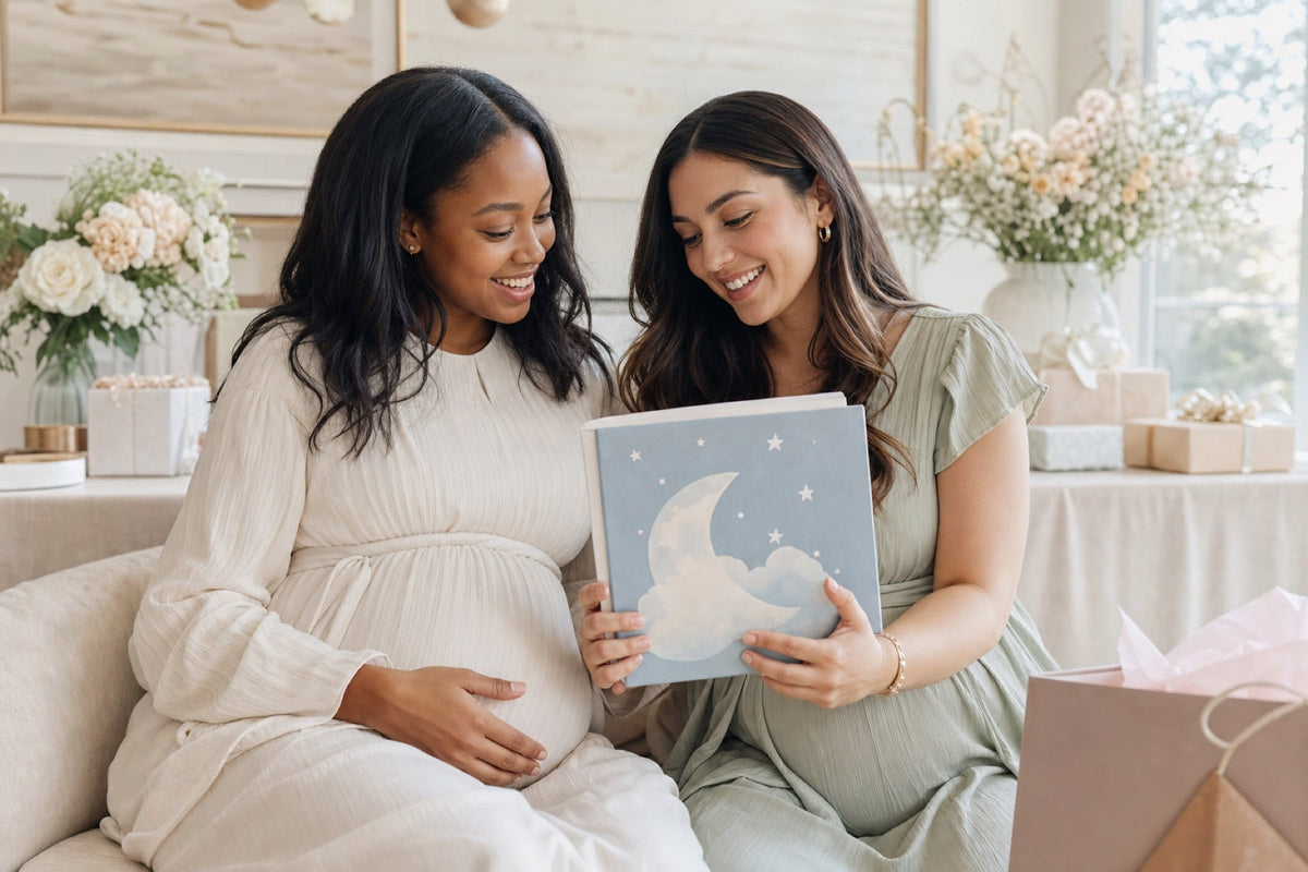 Expectant mother and friend sharing a newborn keepsake storybook at a baby shower
