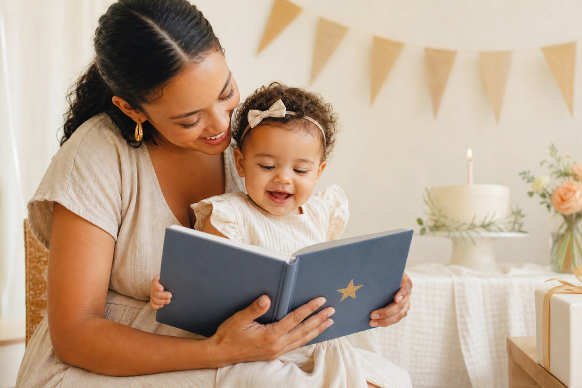 Parent and one-year-old reading a keepsake storybook at a first birthday celebration