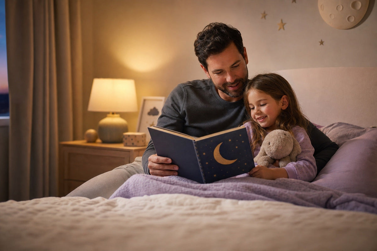 Father and young child reading a personalized storybook together at bedtime