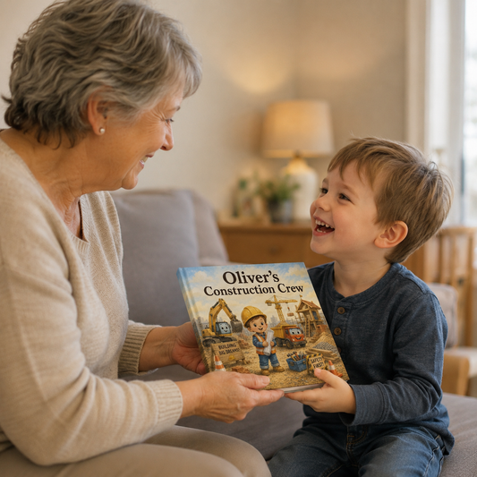 Smiling child receiving a personalized story book from a grandmother.