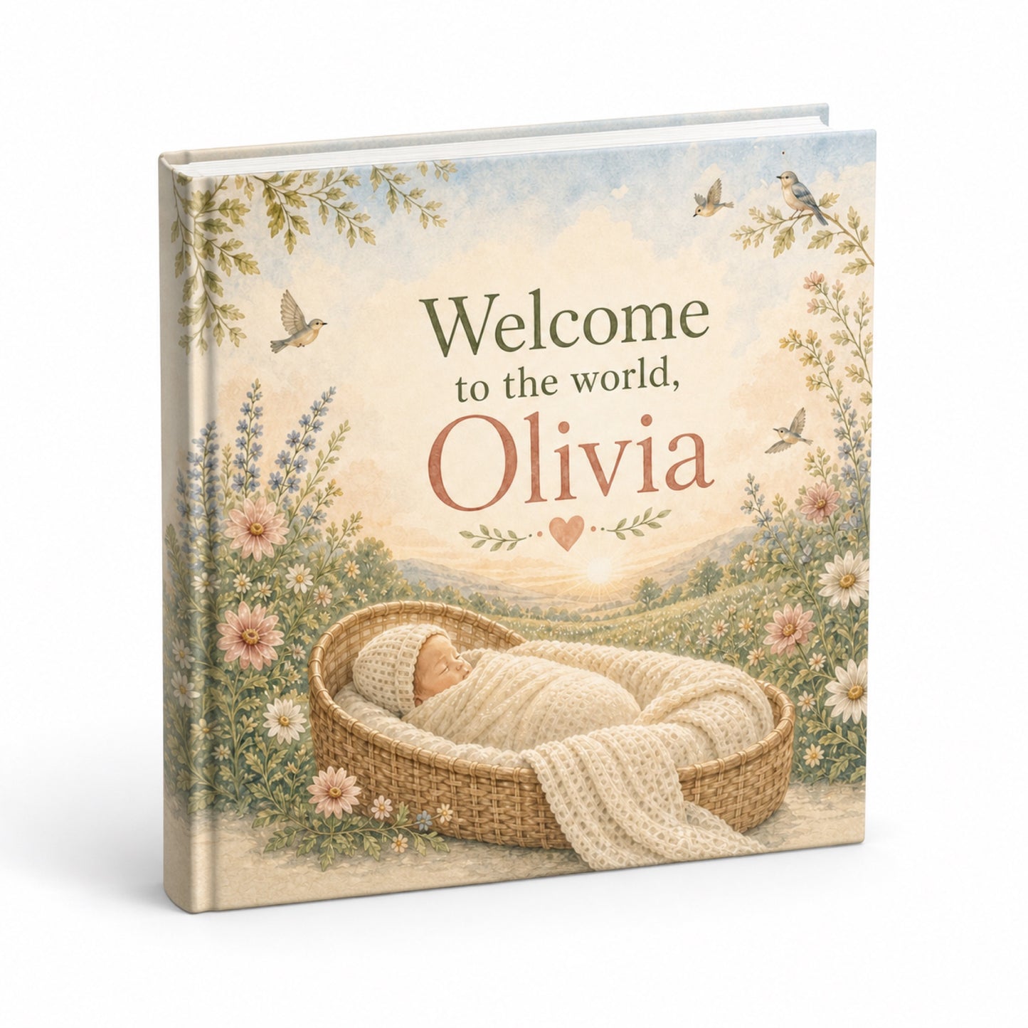 Personalized baby shower keepsake book mockup on white background