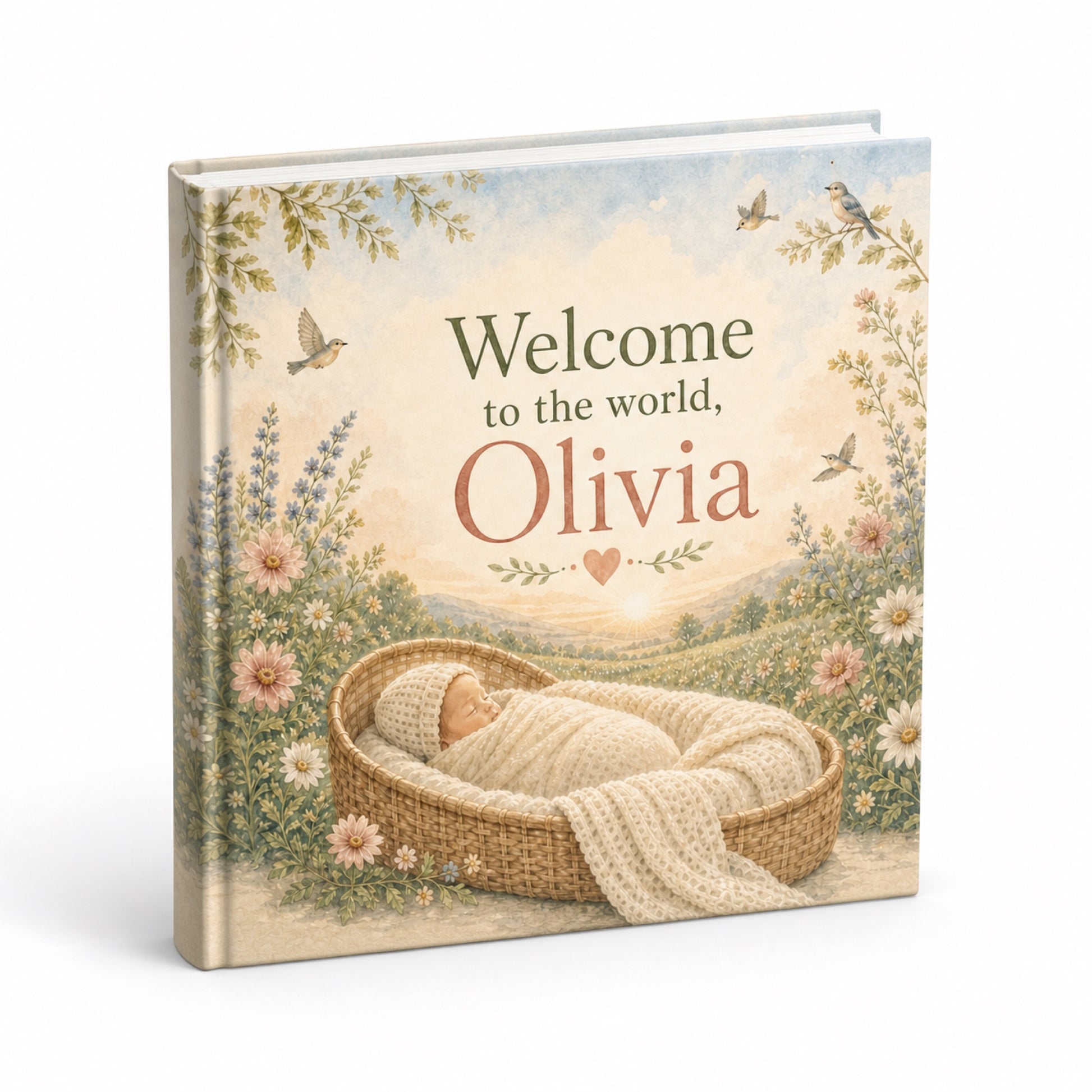 Personalized baby shower keepsake book mockup on white background