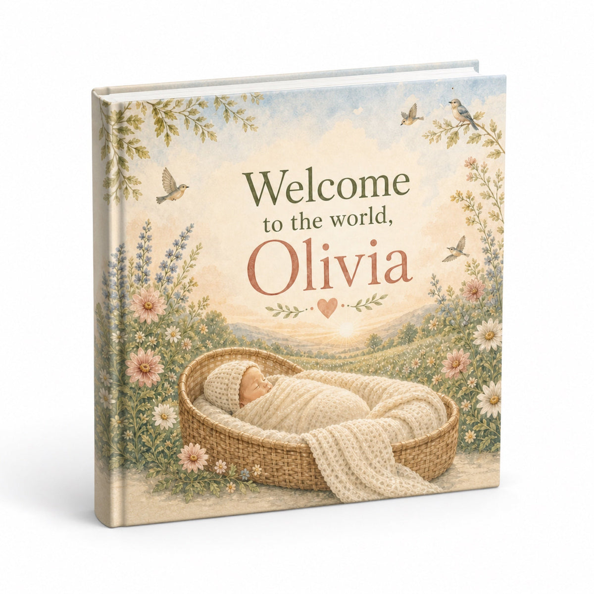 Personalized baby shower keepsake book mockup on white background
