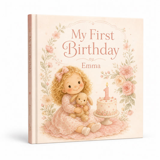 Personalized first birthday book for girl mockup on white background