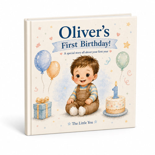 Personalized first birthday book for toddler mockup on white background