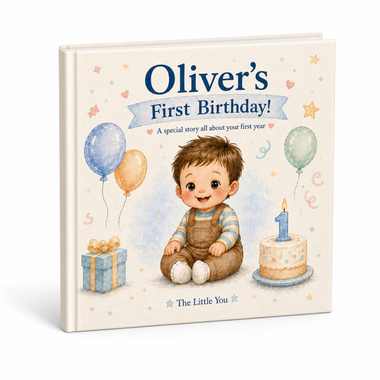 Personalized first birthday book for toddler mockup on white background
