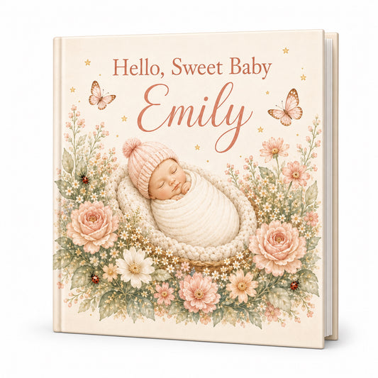 Hello Sweet Baby personalized newborn keepsake book mockup on white background