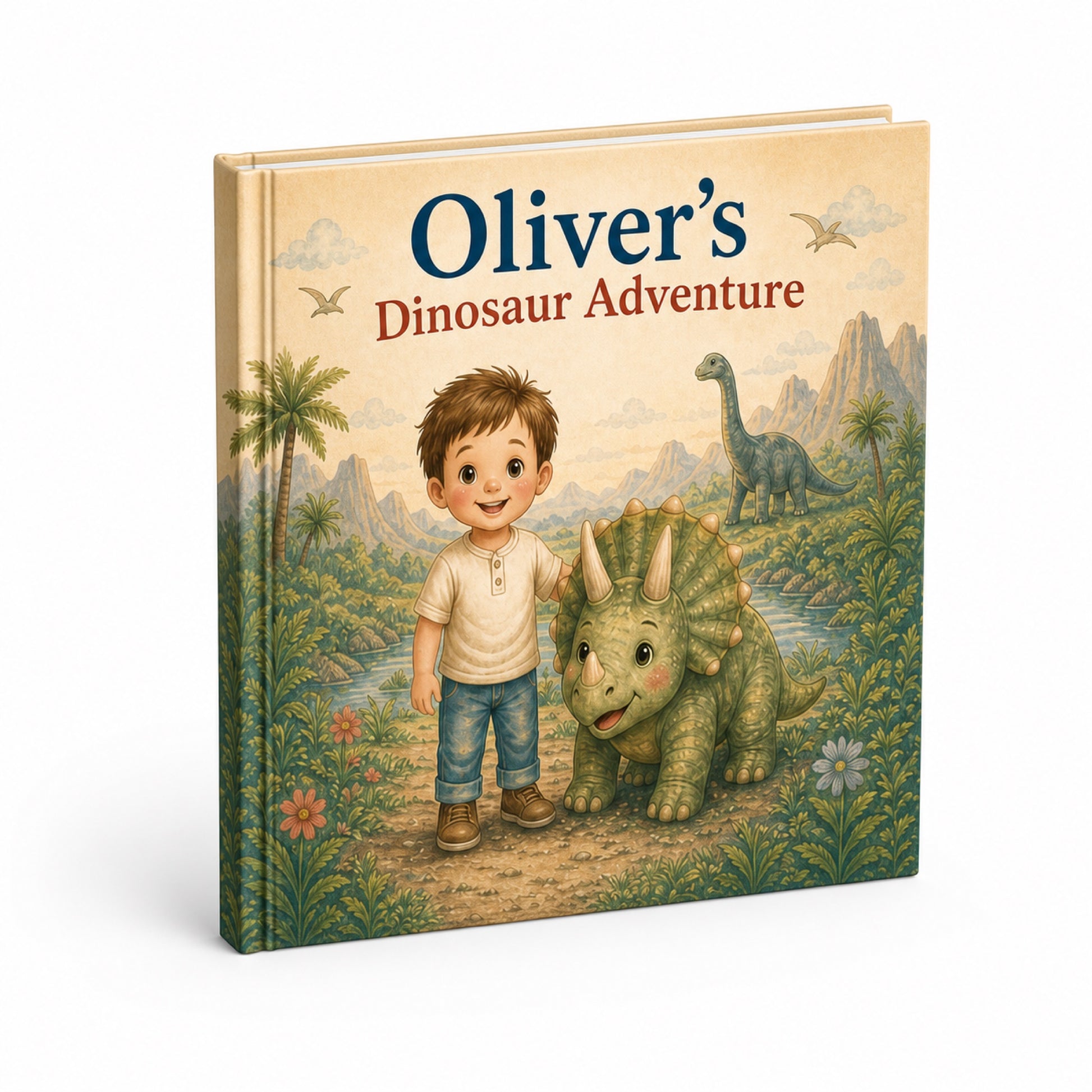 Personalized dinosaur adventure book mockup on white background