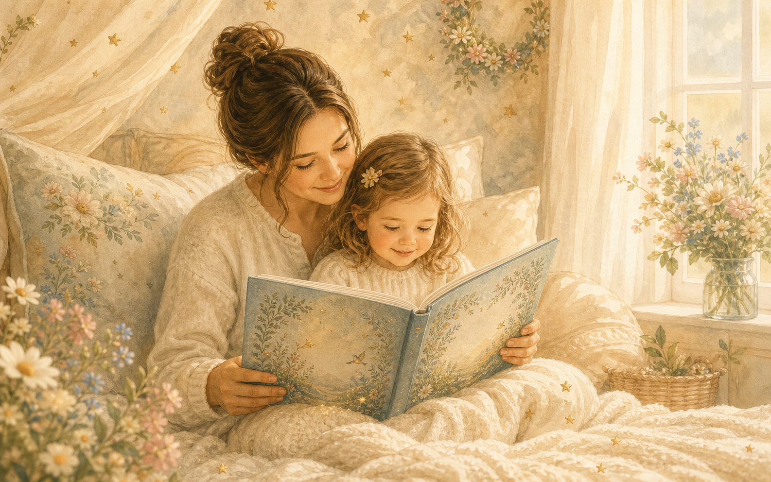 Parent and child reading a personalized keepsake book together