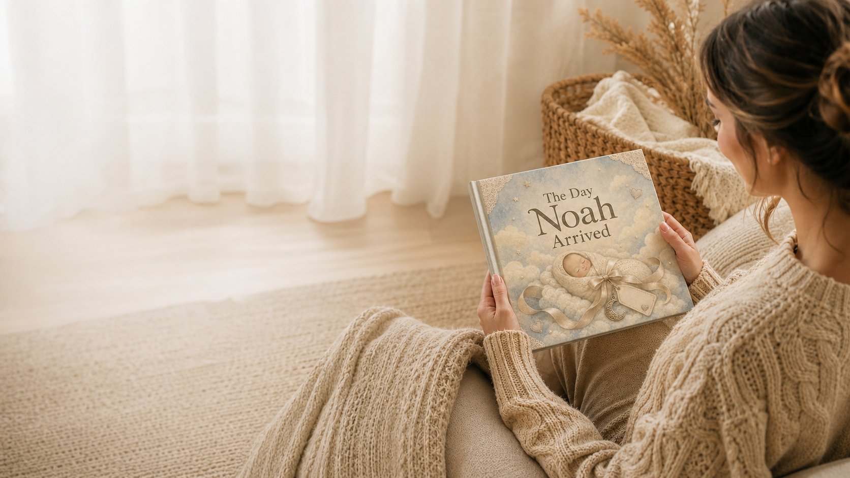 A parent holding a personalized baby keepsake book