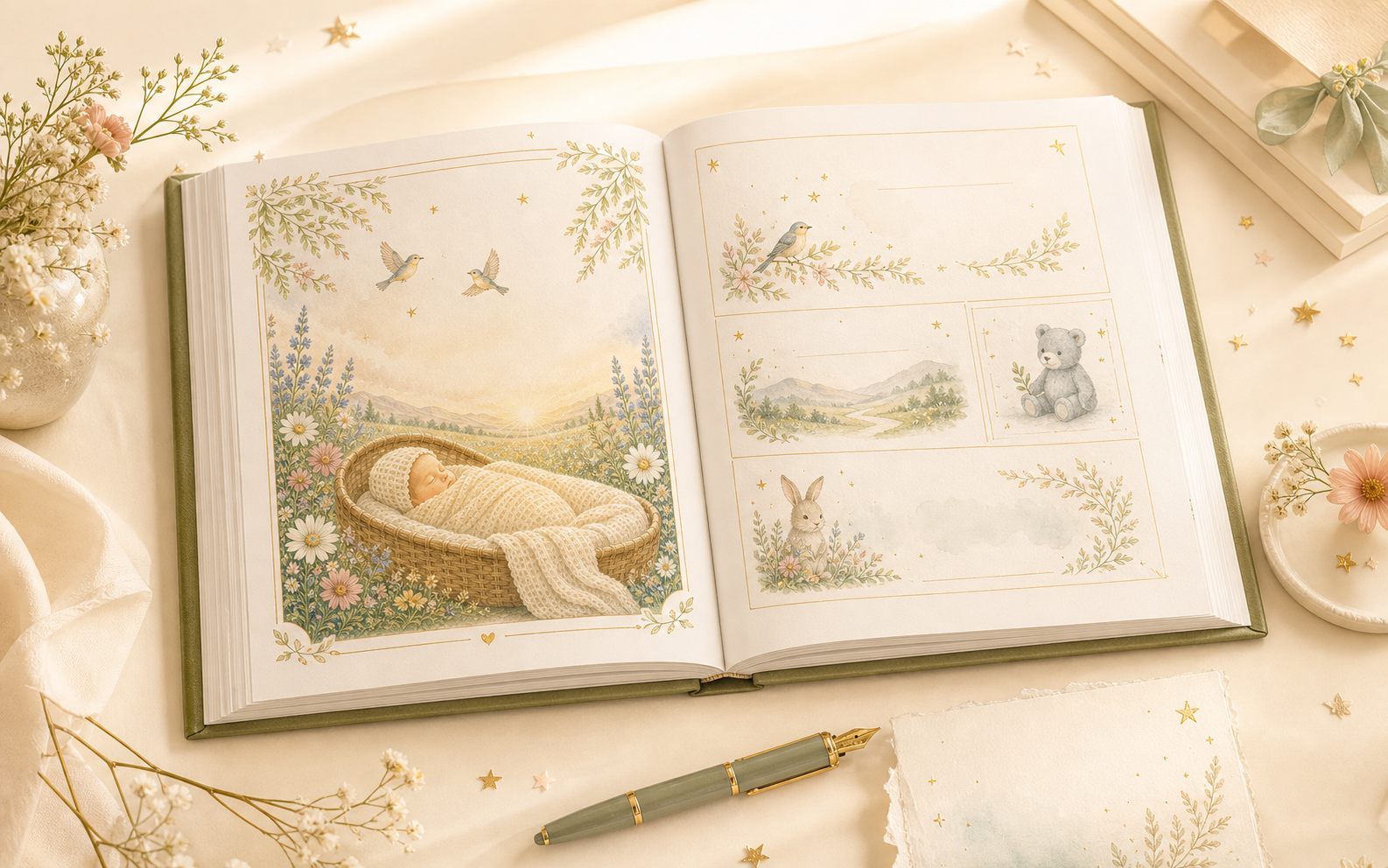 Open personalized keepsake storybook with dedication stationery